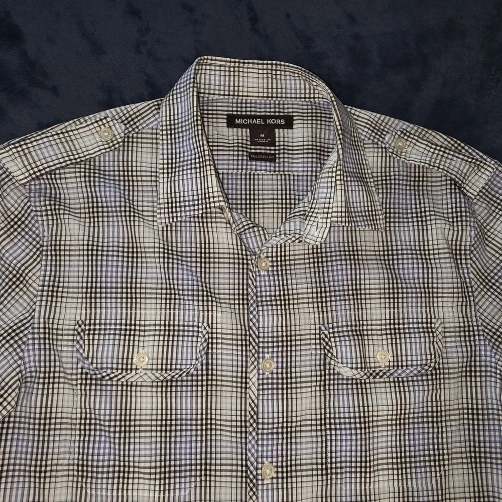 Michael Kors Tailored Fit Short Sleeve Button Up Plaid Shirt Mens Size‎ Medium
